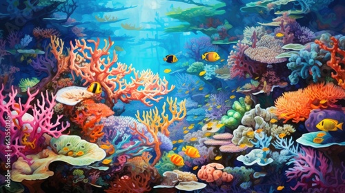 vibrant coral reef in clear blue waters, teeming with marine life, seen from above generative ai © ThisDesign