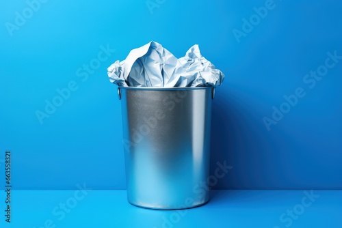 Metallic trash can with crumpled paper on blue background, round office trash can, Generative AI
