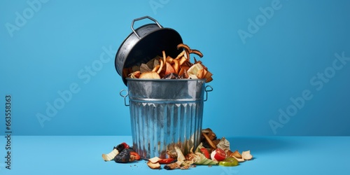 Metallic trash can with leftover food isolated on blue background, Trash bin with organic waste, Generative AI photo