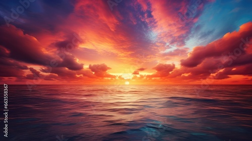 Spectacular sunset over a calm ocean horizon with vibrant colors from above. generative ai © ThisDesign