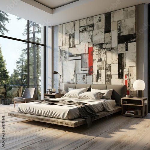 Stylish, contemporary bedroom with modern furniture and artwork
