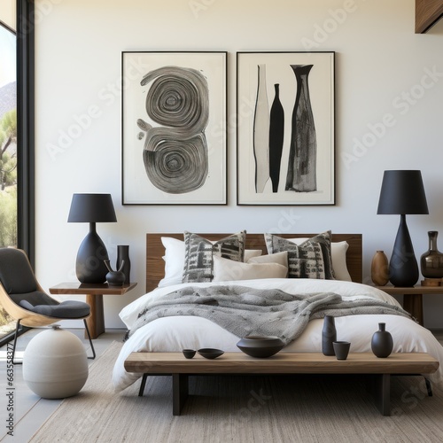 Stylish, contemporary bedroom with modern furniture and artwork