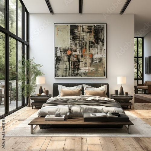 Stylish, contemporary bedroom with modern furniture and artwork