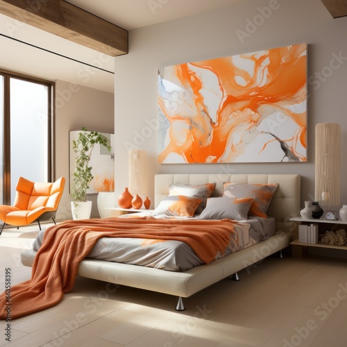 Stylish, contemporary bedroom with modern furniture and artwork, orange tones
