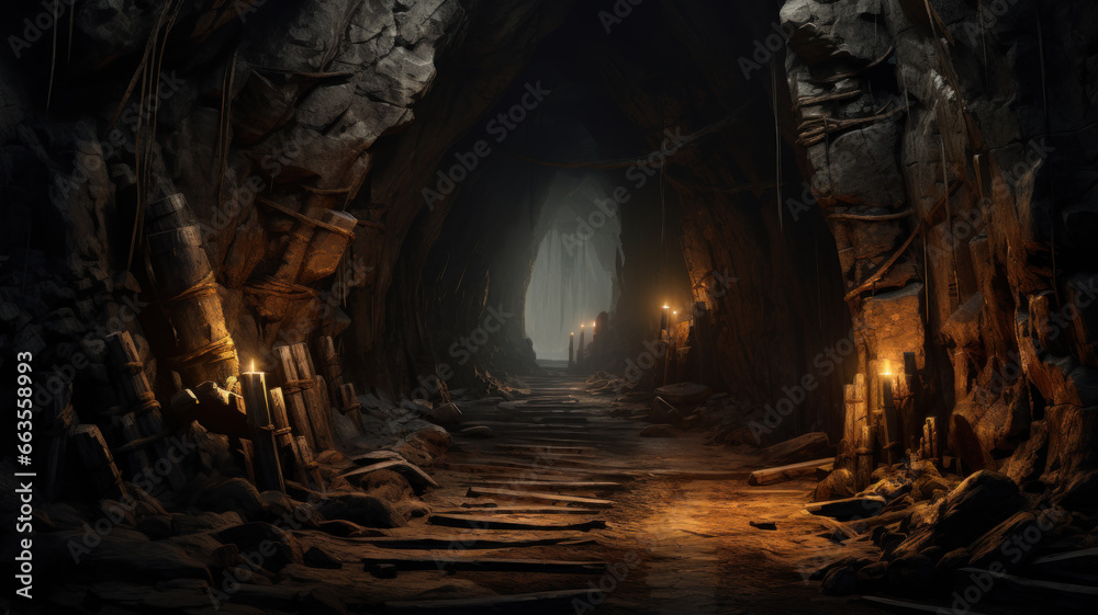 Old mine tunnel, abandoned dark underground passage. Entrance to catacomb in mountain, inside subterranean cave with opening. Concept of industry, coal, - obrazy, fototapety, plakaty 