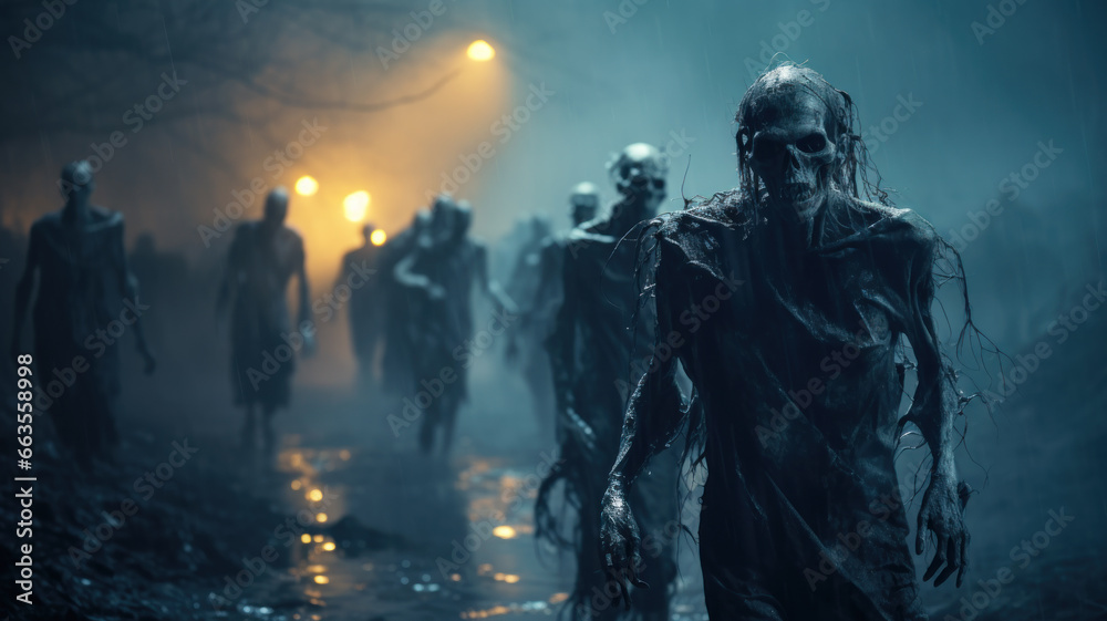 Creepy undead skeletons walking on street in rain at night, zombie apocalypse. Cinematic view of scary dead in mystic dusk and mist. Concept of horror, halloween,