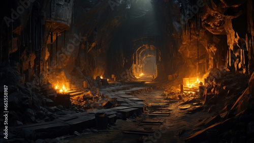 Old mine tunnel, abandoned underground passage with candles and rocks. Entrance to catacomb in mountain, inside subterranean cave. Concept of industry, coal, ore