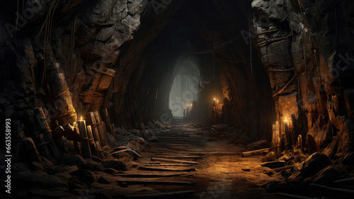 Old mine tunnel, abandoned dark underground passage. Entrance to catacomb in mountain, inside subterranean cave with opening. Concept of industry, coal, photo