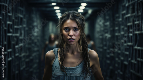 Scared girl with friends in gloomy spooky corridor, young woman lost in labyrinth or maze. Terrified female person like horror movie. Concept of Halloween, quest, escape. photo