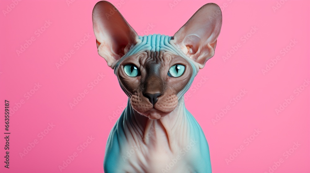 hairless sphinx cat on pink background