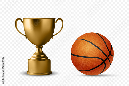 Realistic Vector 3d Blank Golden Champion Cup Icon with Basketball Set Closeup Isolated. Design Template of Championship Trophy. Sport Tournament Award, Gold Winner Cup and Victory Concept