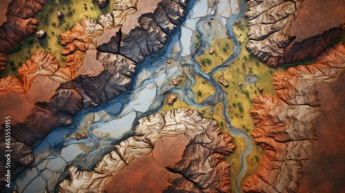 aerial view of a canyon with winding hiking trails and colorful rock formations generative ai