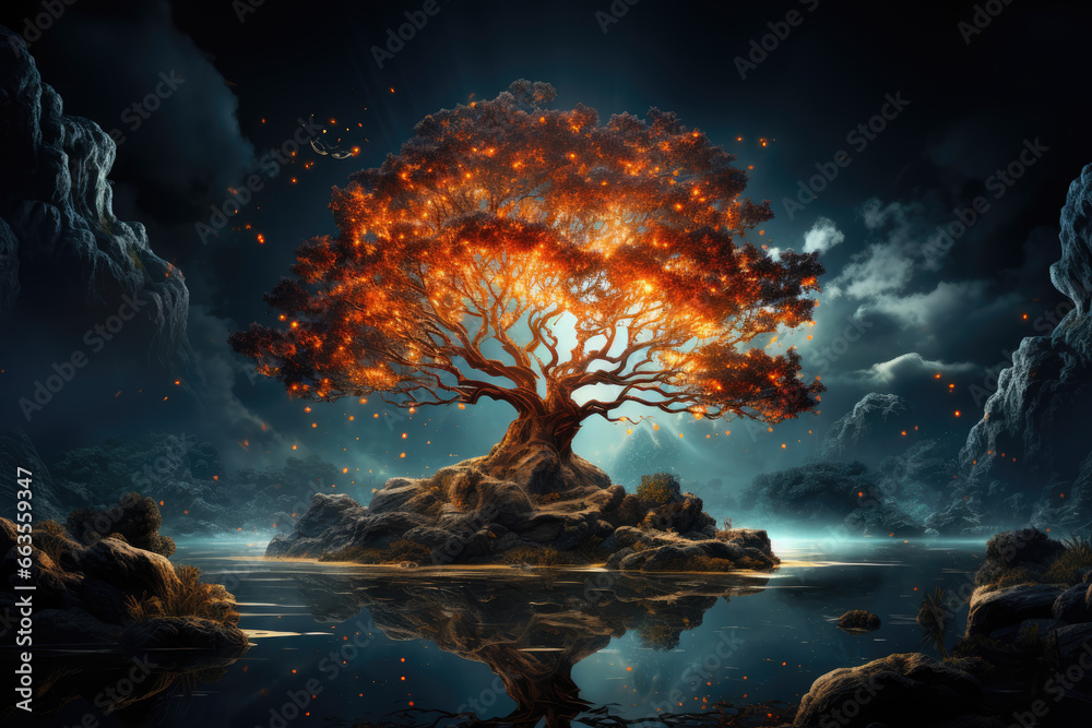 An artist's depiction of a branching tree, with each branch representing a different parallel universe. Concept of the multiverse. Generative Ai. An artist's depiction of a branching tree, with each branch representing a different parallel universe. Concept of the multiverse. Generative Ai.