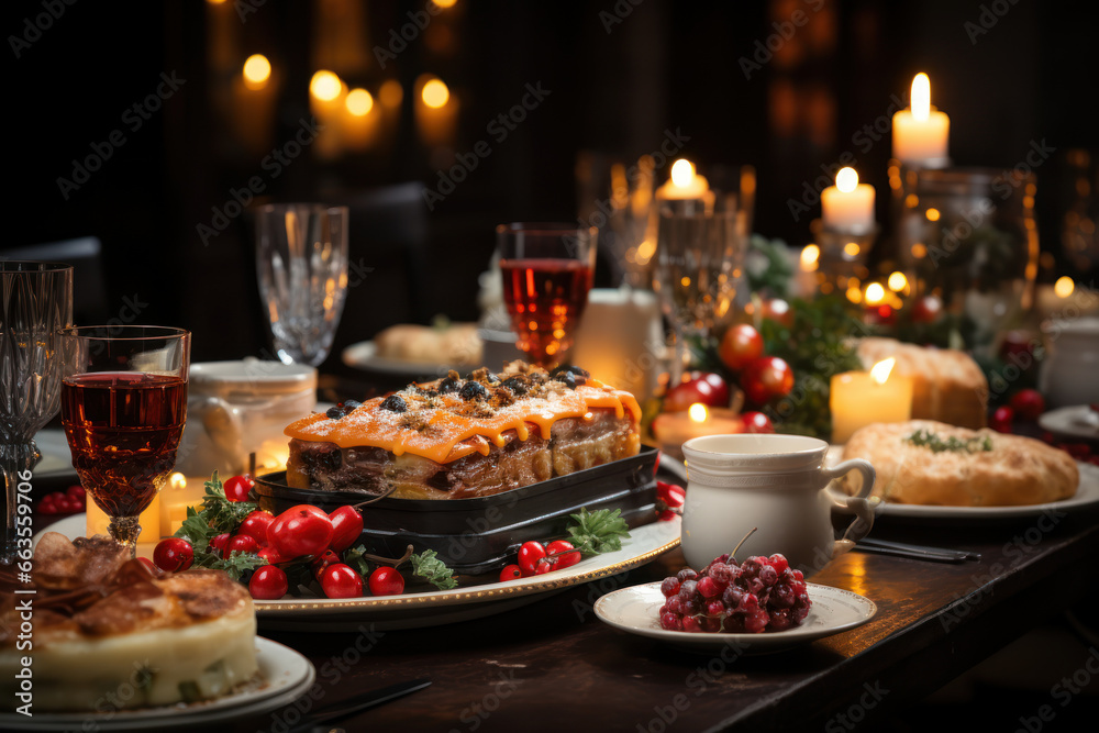 A festive table adorned with a sumptuous Christmas feast, creating a warm and inviting holiday atmosphere. Concept of holiday celebrations. Generative Ai. A festive table adorned with a sumptuous Christmas feast, creating a warm and inviting holiday atmosphere. Concept of holiday celebrations. Generative Ai.