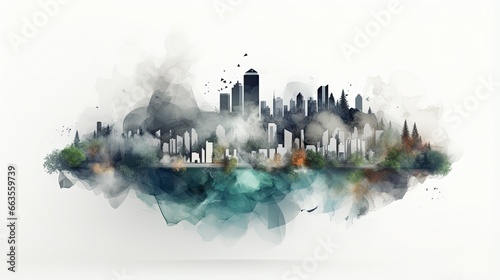 AI-generated illustration of a tree-filled city on a foggy day. MidJourney.