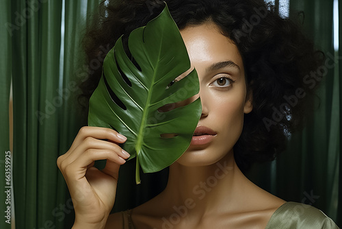 The portrait of a woman model with a Monstera leaf in her hand to cover half of her face shot in a room, Generative AI.