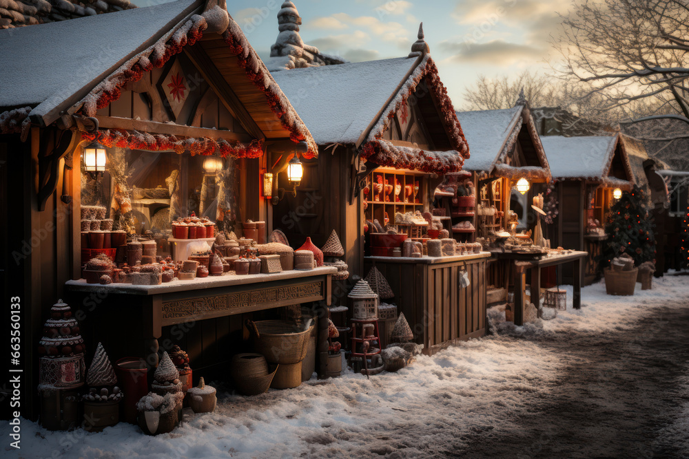 A charming Christmas market with wooden stalls, selling handmade ornaments, crafts, and seasonal treats. Generative Ai. A charming Christmas market with wooden stalls, selling handmade ornaments, crafts, and seasonal treats. Generative Ai.
