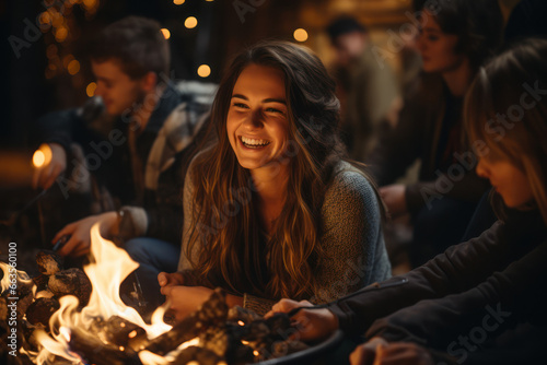 A group of friends and family gathered around a bonfire, roasting marshmallows and sharing stories on a chilly Christmas Eve. Generative Ai.