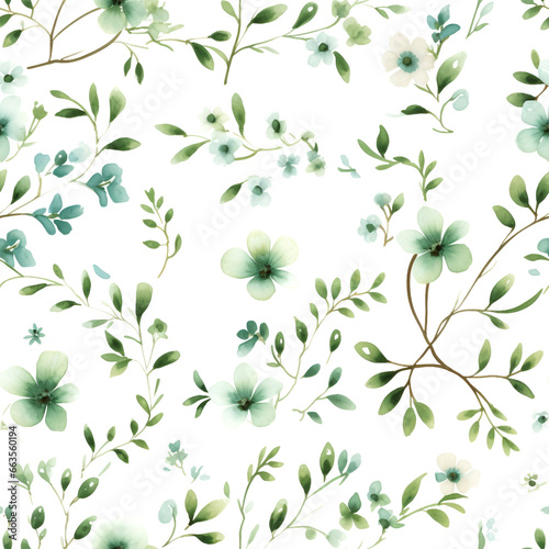 Seamless pattern green flowers and leaves swirling on a white background  water color