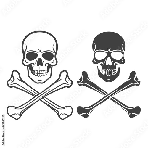Vector Black and White Skull and Crossbones Icon Set Isolated. Skulls Collection with Outline, Cut Out Style in Front View. Hand Drawn Skull Head Design Template
