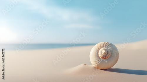 Perfectly spiraled seashell on a pristine sandy beach, Seashell Spiral in Minimal Form, Seashell on sandy beach photo