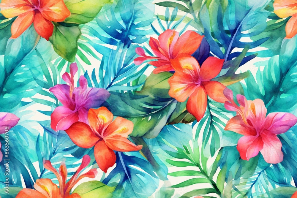Vivid tropical pattern featuring vibrant cannes flowers on a watercolor background with leaves. Generative AI