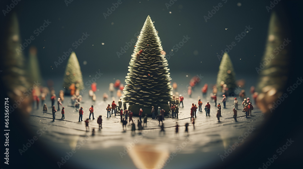 miniature people enjoying Christmas on street, creative winter wallpaper