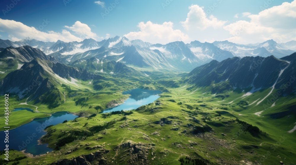 aerial view from a remote mountain peak with snow-capped peaks and a vast valley below generative ai