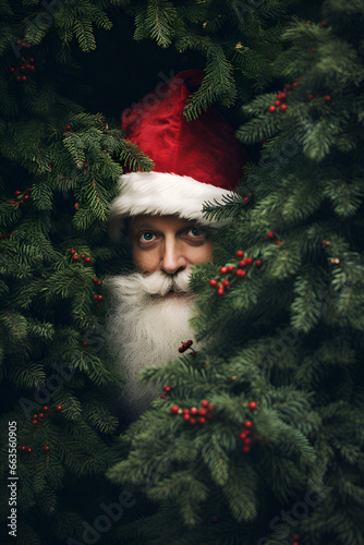 santa claus hiding behind Christmas tree, merry charismas photo