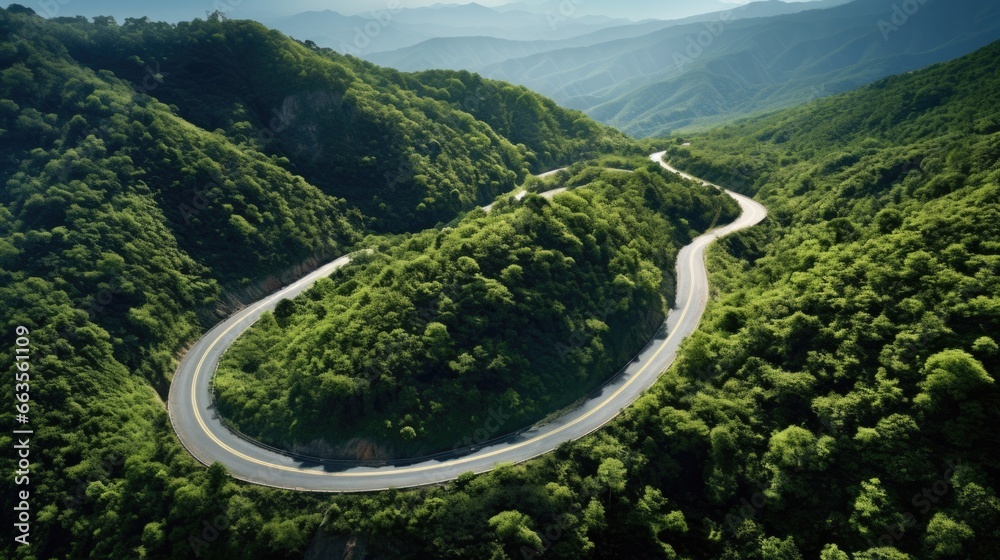 aerial perspective from a winding mountain road with lush vegetation on a sunny day generative ai