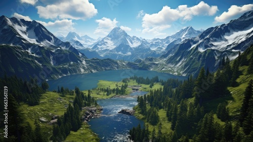 aerial view from a remote mountain peak with snow-capped peaks and a vast valley below generative ai