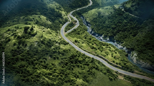 aerial perspective from a winding mountain road with lush vegetation on a sunny day generative ai