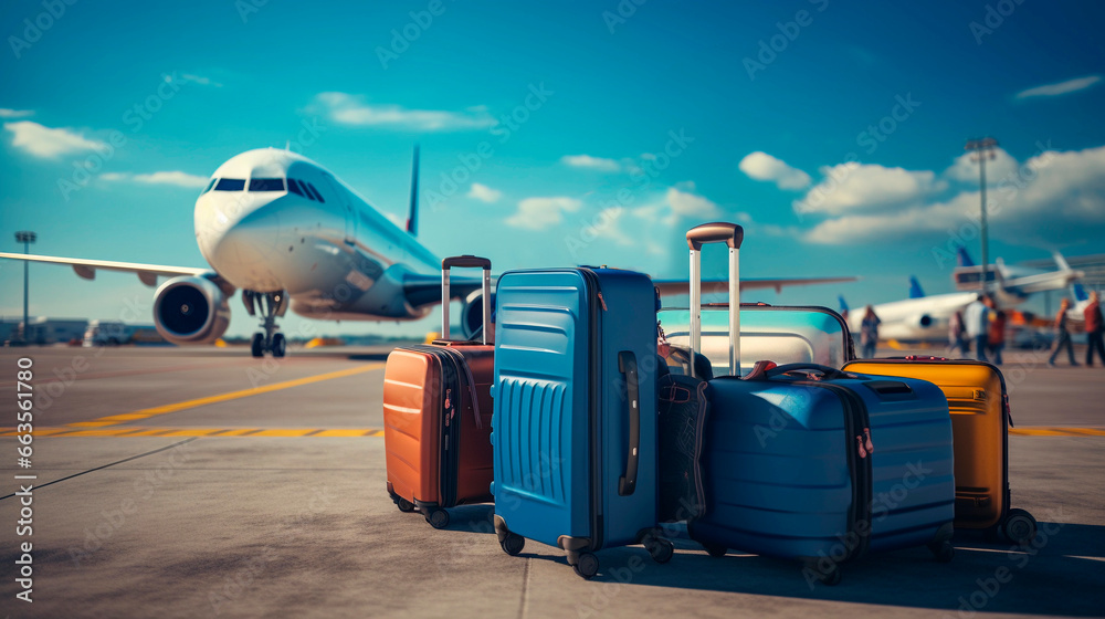 A set of suitcases, luggage, and passports ready for travel and boarding the plane at the airport