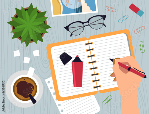 Top View Of Womans Hand Drawing In Notebook. Vector Illustration In Flat Style