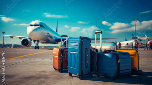 Obraz na płótnie A set of suitcases, luggage, and passports ready for travel and boarding the plane at the airport w salonie