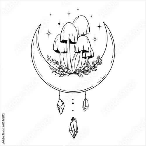 Vector line art mystical celestial magic witchcraft elements. Esoteric crescent moon, mushrooms,crystal, stars, leaves, line art.
