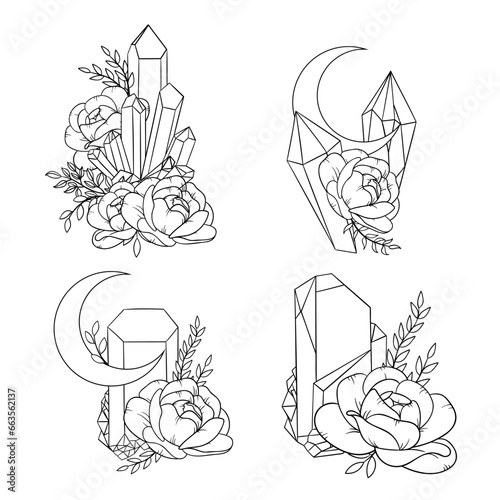 Vector line art mystical celestial magic witchcraft elements. Esoteric crescent moon,  crystals, peone roses, stars, leaves, line art.