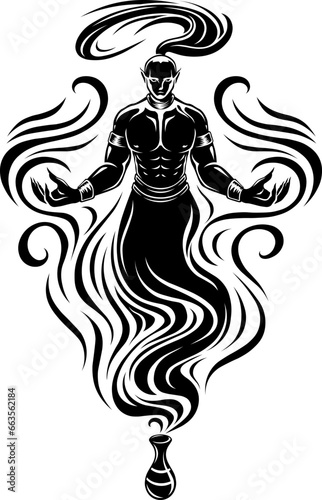 Jinn or Ifrit dark gothic silhouette art. Tattoo, Halloween design and decor element. Highly detailed and neat lines for print or engraving