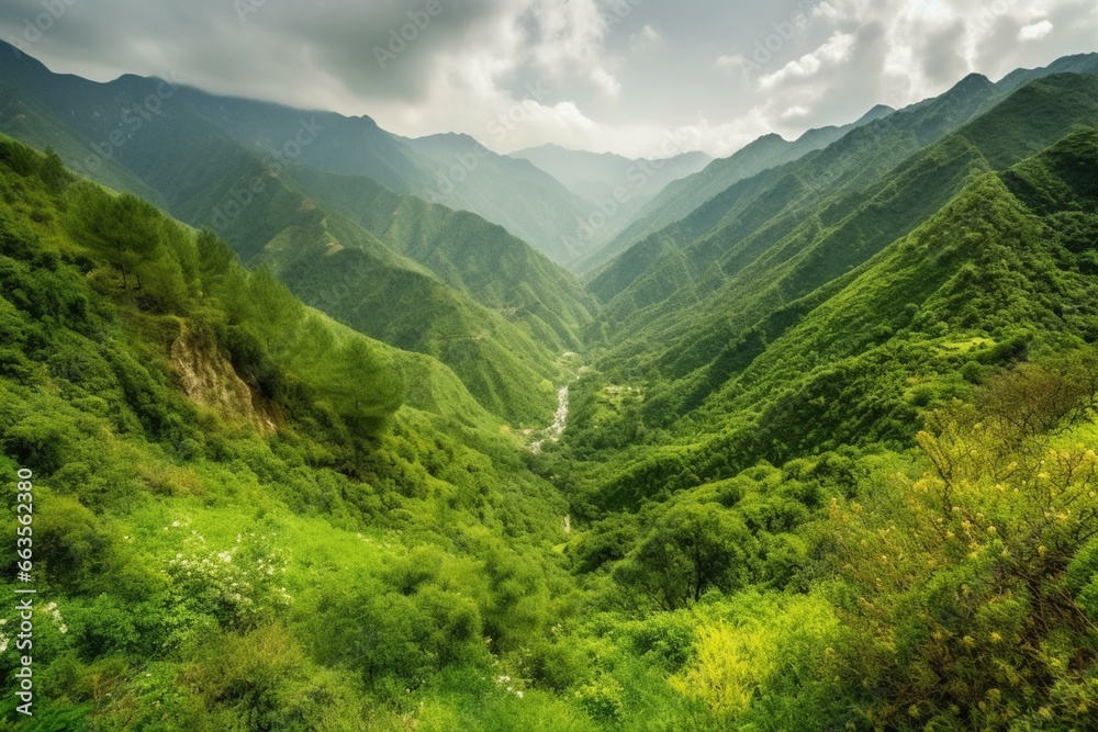 A beautiful scenic view of a valley surrounded by mountains and covered with lush greenery. Generative AI