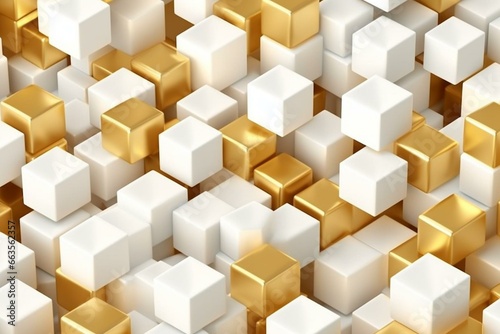Seamless pattern of white gold isometric cubes on a professional photography background. Generative AI