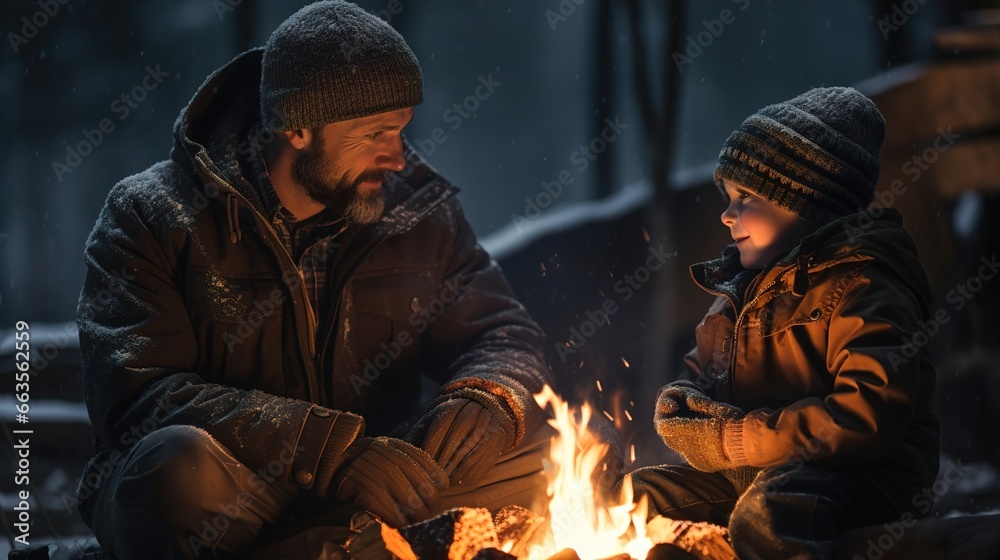 Father and son are sitting next to a bonfire at a winter camp. Ai generative