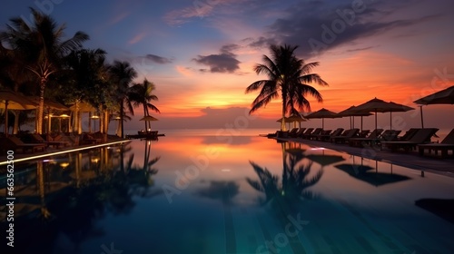 A beautiful view from the hotel swimming pool of the sunset in an exotic country. Ai generative © dreamer82