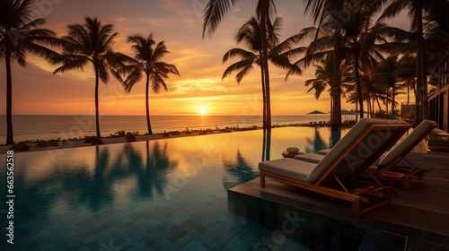 A beautiful view from the hotel swimming pool of the sunset in an exotic country. Ai generative
