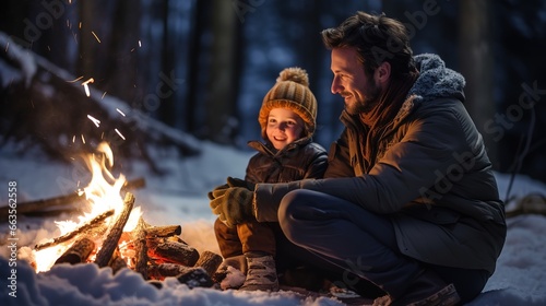 Father and son are sitting next to a bonfire at a winter camp. Ai generative