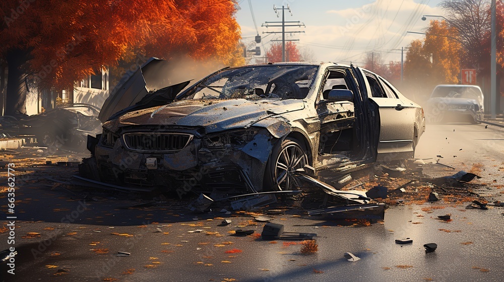 Damaged cars in a road accident. Ai generative