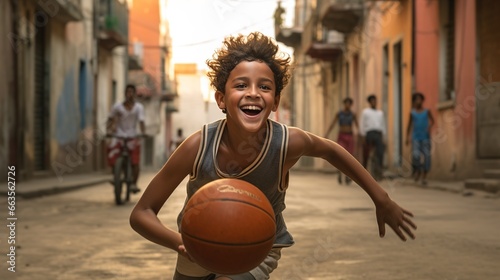 A boy plays basketball on a city street. Ai generative.