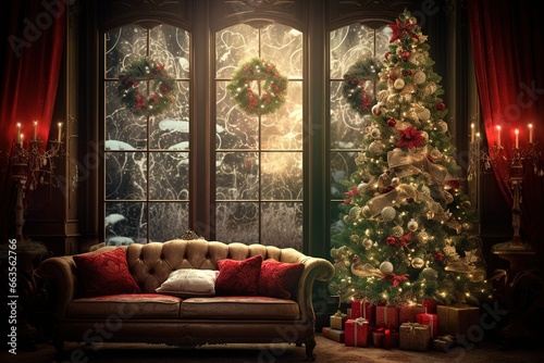 A cozy, traditionally decorated room for Christmas. Ai generative © dreamer82