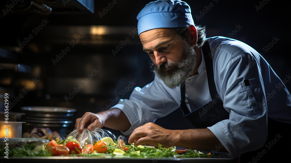 A professional chef prepares a tasty dish in his kitchen. Ai generative