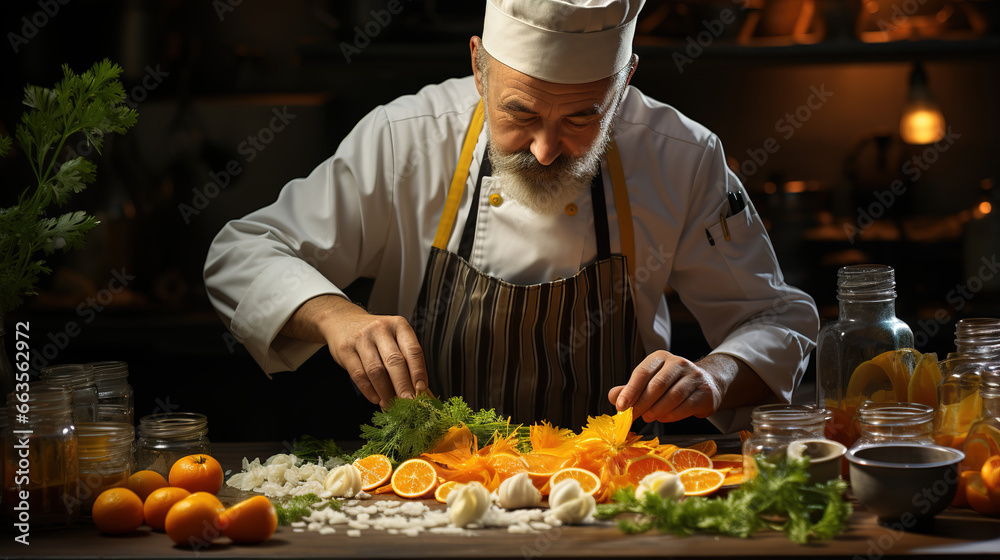 A professional chef prepares a tasty dish in his kitchen. Ai generative A professional chef prepares a tasty dish in his kitchen. Ai generative