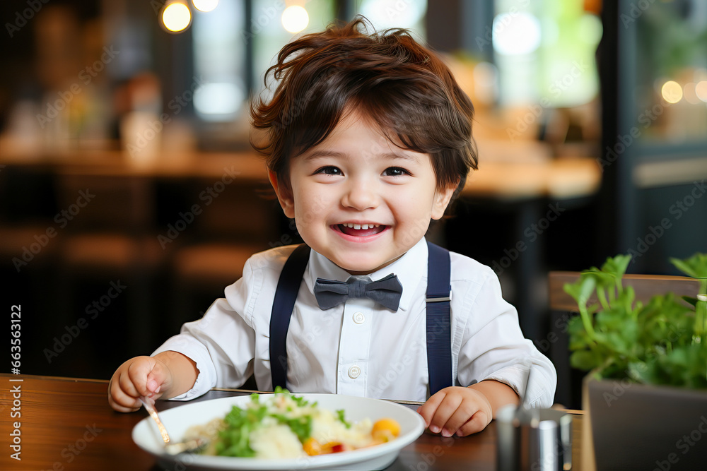 A young boy enjoying a delicious meal at the table